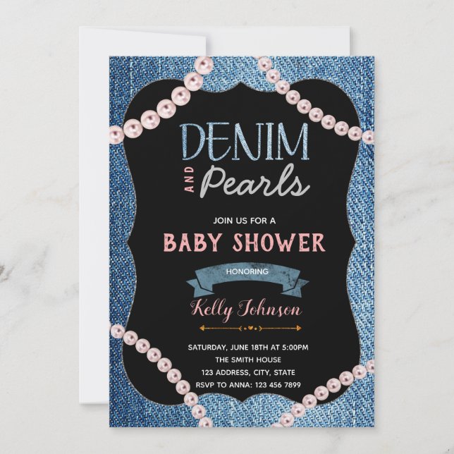 Invitation Baby shower Denim Pearls (Devant)