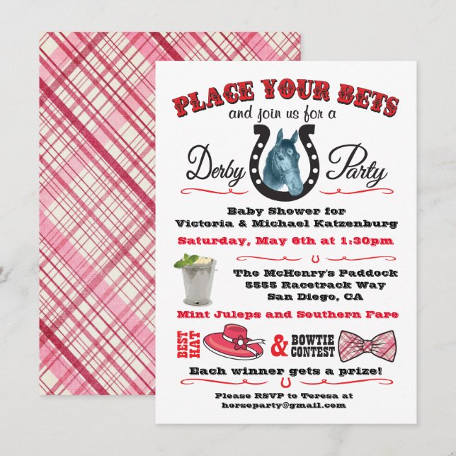 Invitation Baby shower Derby Horse Racing (Devant / Derrière)