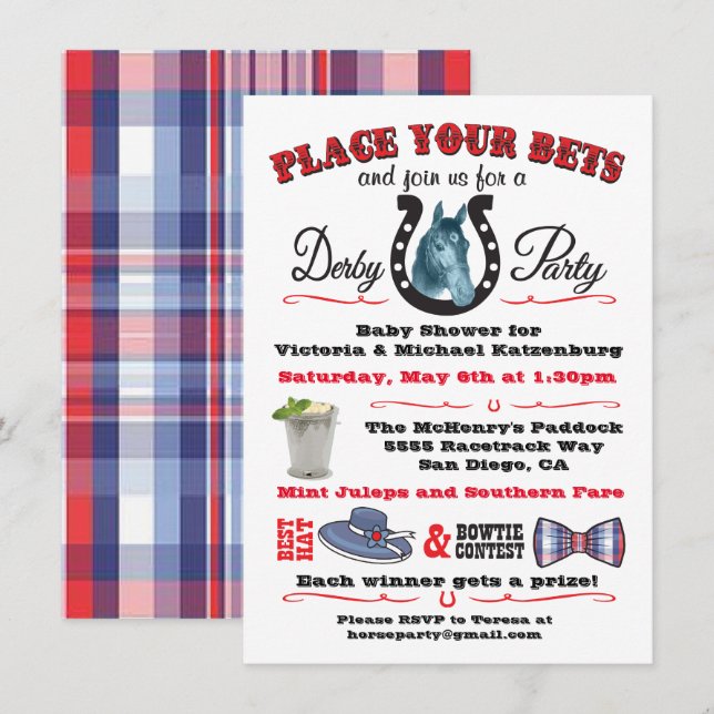 Invitation Baby shower Derby Horse Racing (Devant / Derrière)