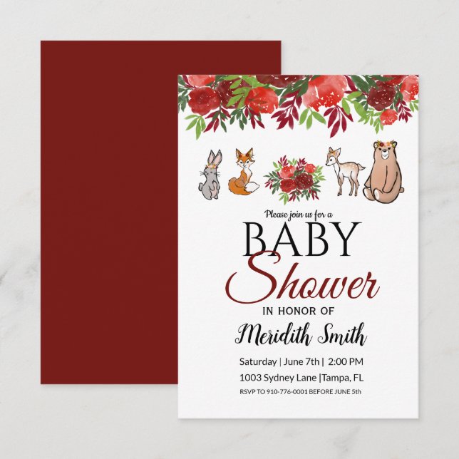 Invitation Baby shower des animaux boisés floraux de Bourgogn (Devant / Derrière)