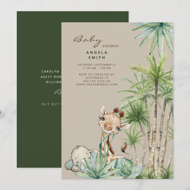 Invitation Baby shower des animaux de bébé de feuillage tropi (Devant / Derrière)