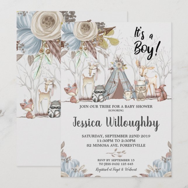 Invitation Baby shower des animaux de bois de la tribu Baby B (Devant / Derrière)