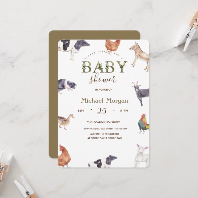 Invitation Baby shower des animaux de ferme aquarelle (Devant/Arrière en situation)