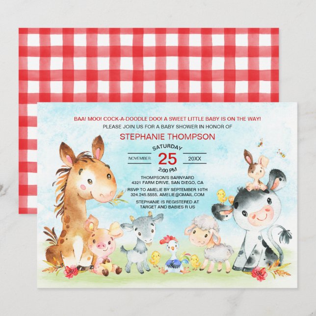 Invitation Baby shower des animaux de ferme aquarelle (Devant / Derrière)
