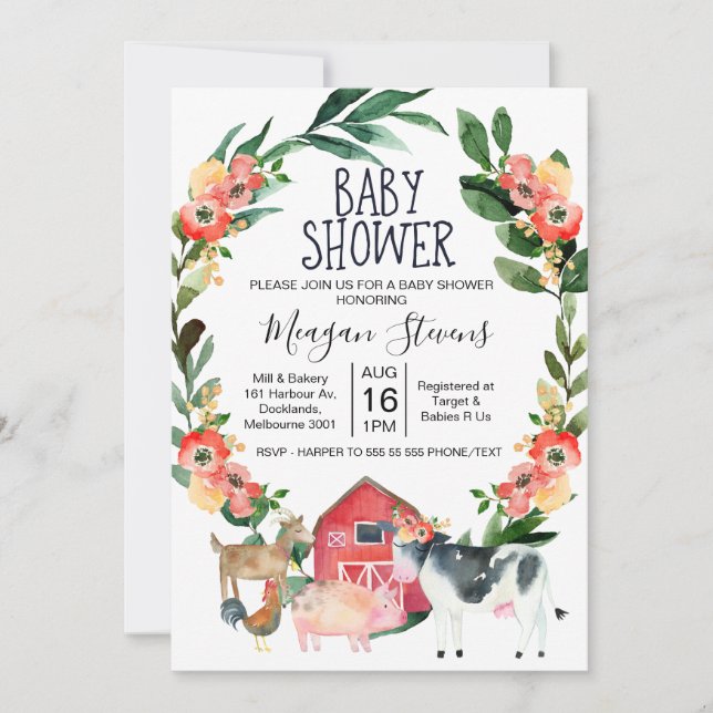 Invitation Baby shower des animaux de ferme de la  (Devant)