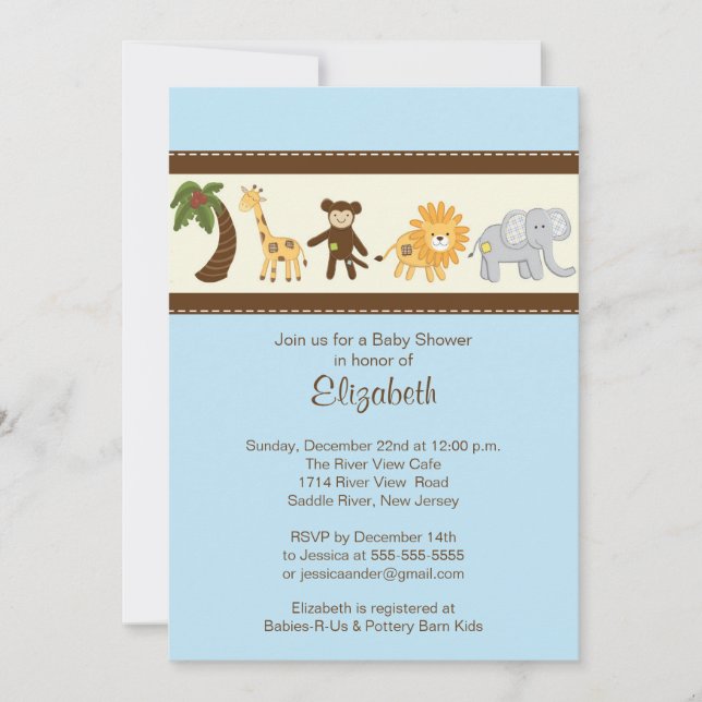 Invitation Baby shower des animaux de Jungle Safari (Devant)