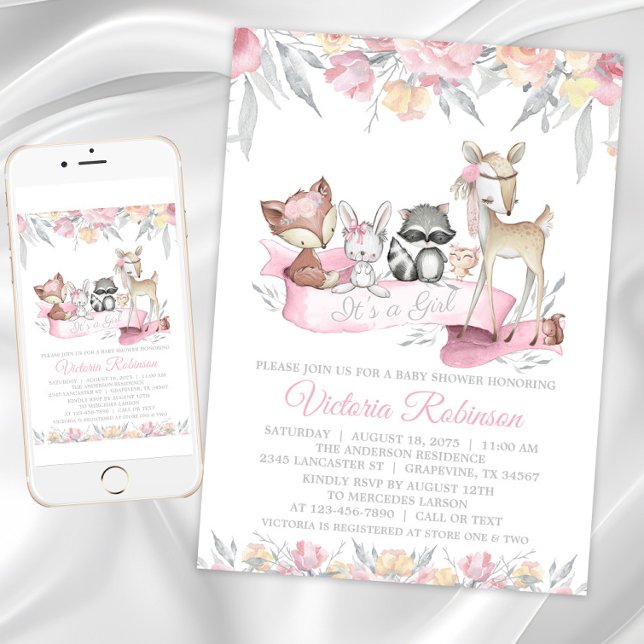 Invitation Baby shower des animaux de la forêt (Girl sweet woodland baby shower invitations. Instant download and printed invitations available.)