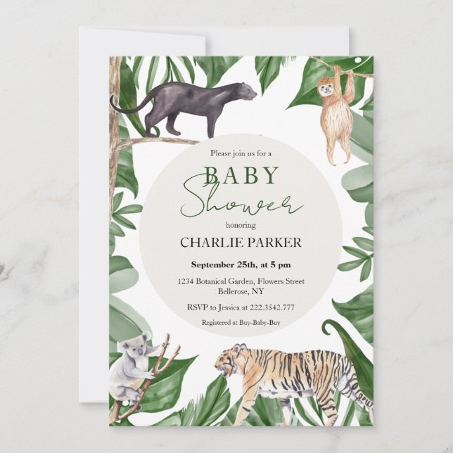 Invitation Baby shower des animaux de la jungle (Devant)