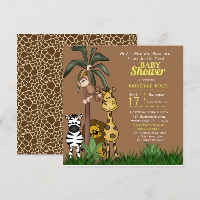 Invitation Baby shower des animaux de la jungle (Devant / Derrière)