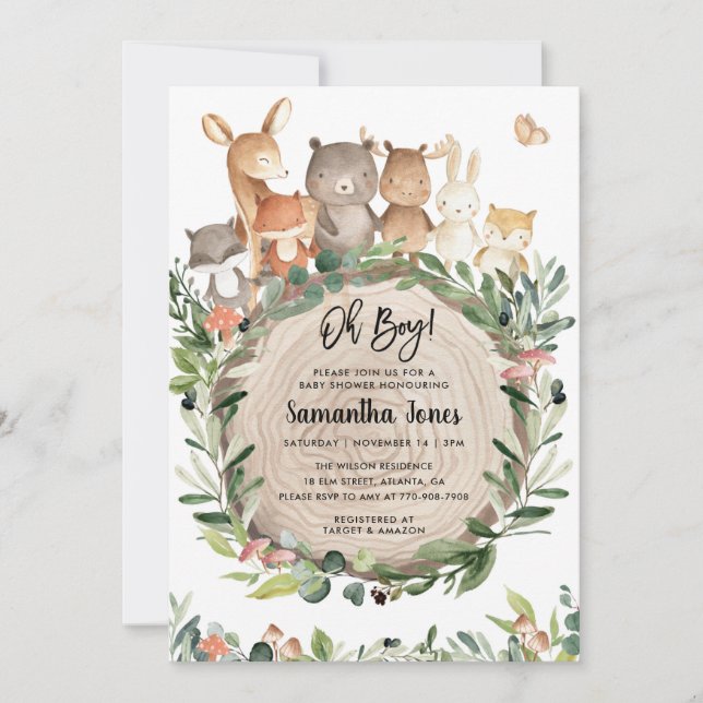 Invitation Baby shower des animaux des bois (Devant)