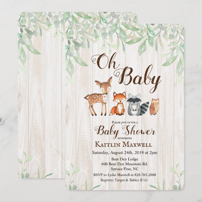 Invitation Baby shower des animaux des bois (Devant / Derrière)
