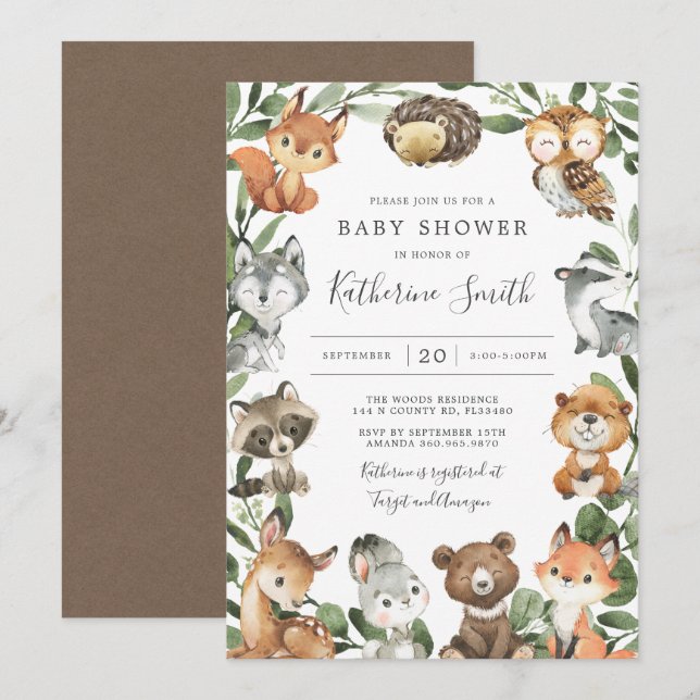 Invitation Baby shower des animaux des bois (Devant / Derrière)