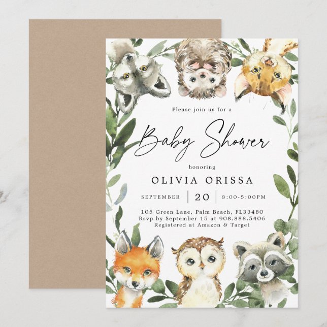 Invitation Baby shower des animaux des bois (Devant / Derrière)