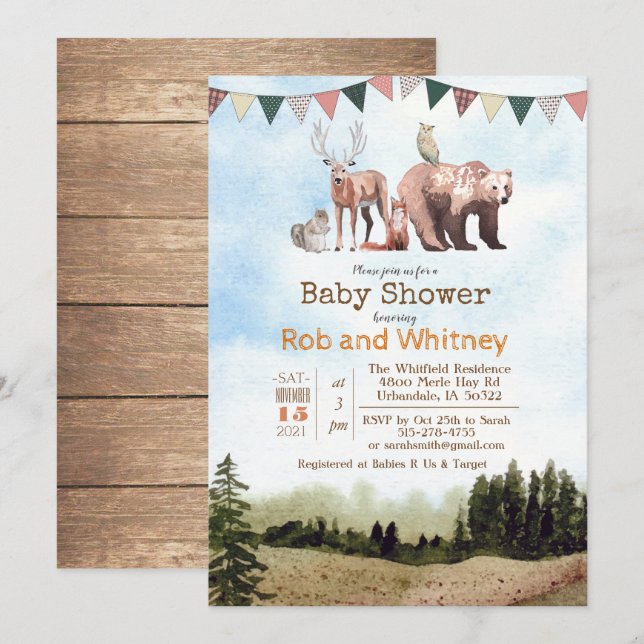 Invitation Baby shower des animaux des bois (Devant / Derrière)