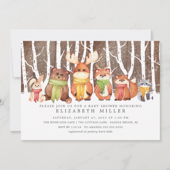 Invitation Baby shower des animaux des bois d'hive (Devant)
