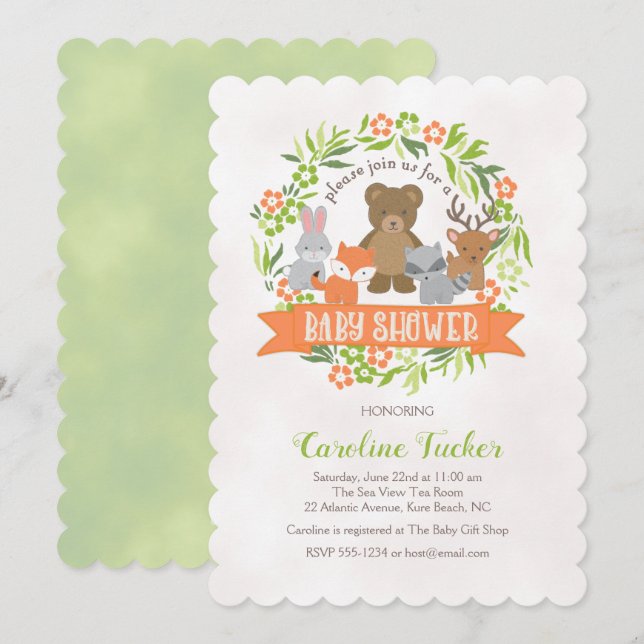 Invitation Baby shower des animaux forestiers (Devant / Derrière)