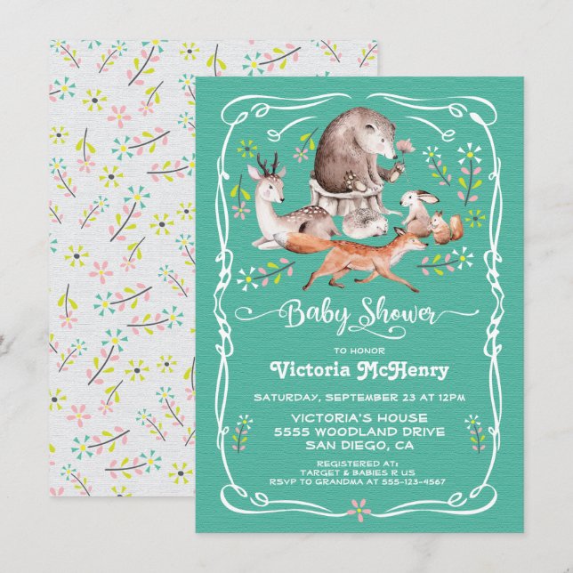 Invitation Baby shower des animaux forestiers (Devant / Derrière)
