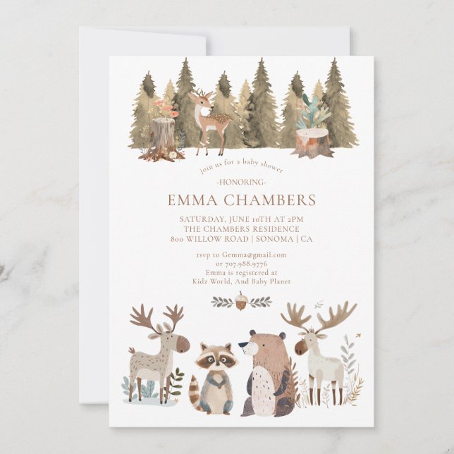Invitation Baby shower des animaux forestiers (Devant)