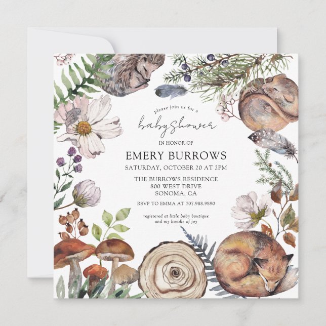 Invitation Baby shower des animaux forestiers (Devant)