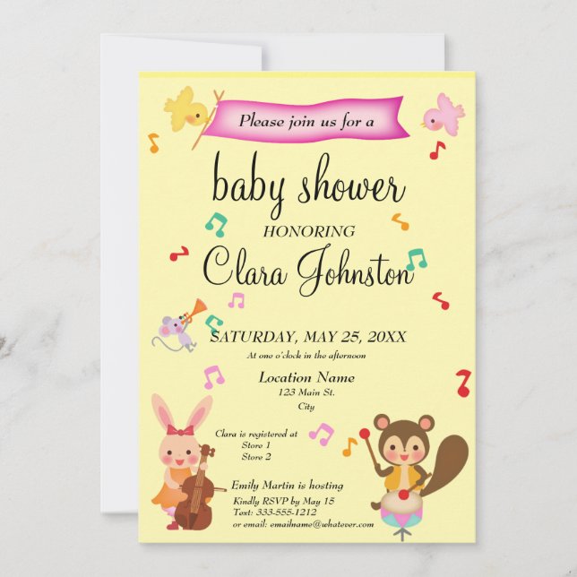 Invitation Baby shower des animaux musicaux neutres selon le  (Devant)