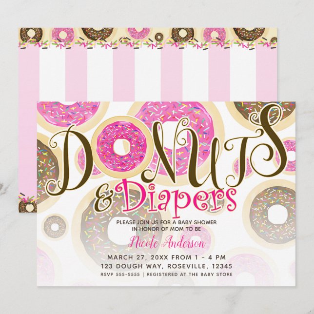 Invitation Baby shower des arrosages roses pour les beignes e (Devant / Derrière)