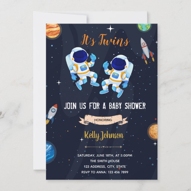 Invitation baby shower des astronautes jumeaux (Devant)
