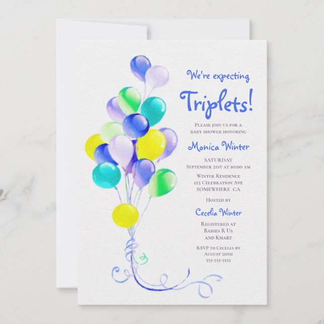 Invitation Baby shower des ballons bleus Triplets attendu (Devant)