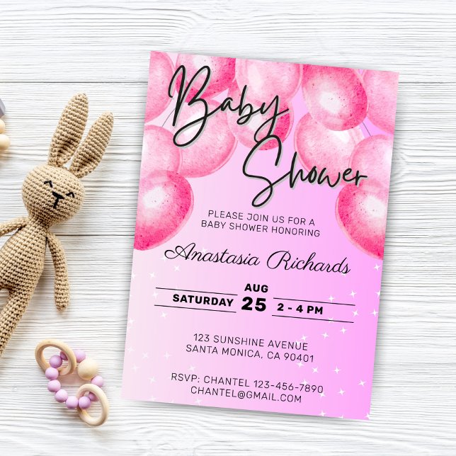 Invitation Baby shower des ballons d'aquarelle rose (pink watercolor balloons baby shower invitation)