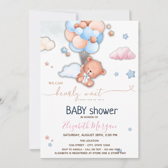 Invitation Baby shower des ballons d'ours en peluche (Devant)