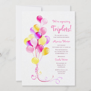 Invitation Baby shower des ballons roses Triplets attendu