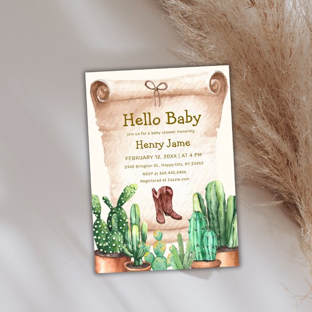 Invitation Baby shower des Bottes Cactus Cowboy du désert vin (Vintage Desert Cactus Cowboy Boots Baby Shower Invitation)