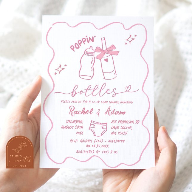 Invitation Baby shower  des bouteilles de Poppin rose dessiné (Créateur téléchargé)