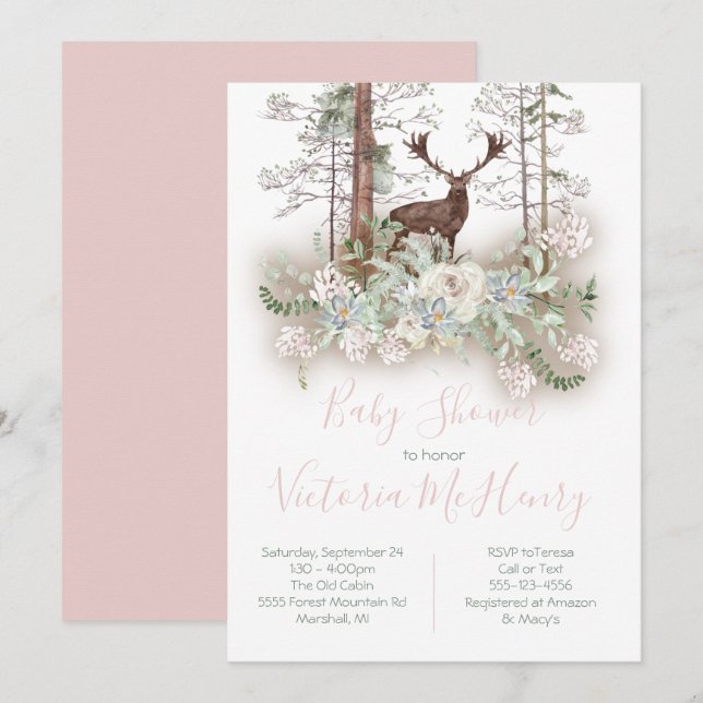 Invitation Baby shower des cerfs de la forêt d'aquarelles de  (Devant / Derrière)