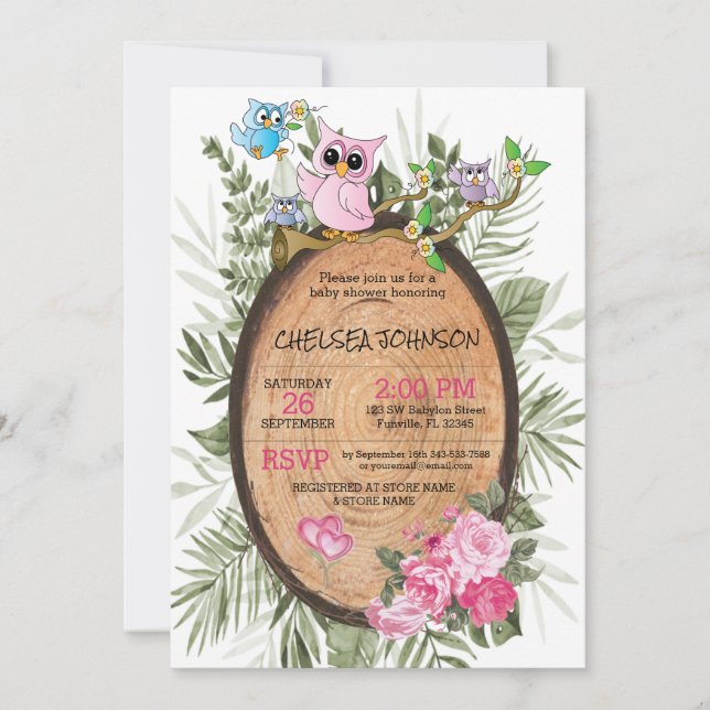 Invitation Baby shower des chouettes des bois mignons (Devant)