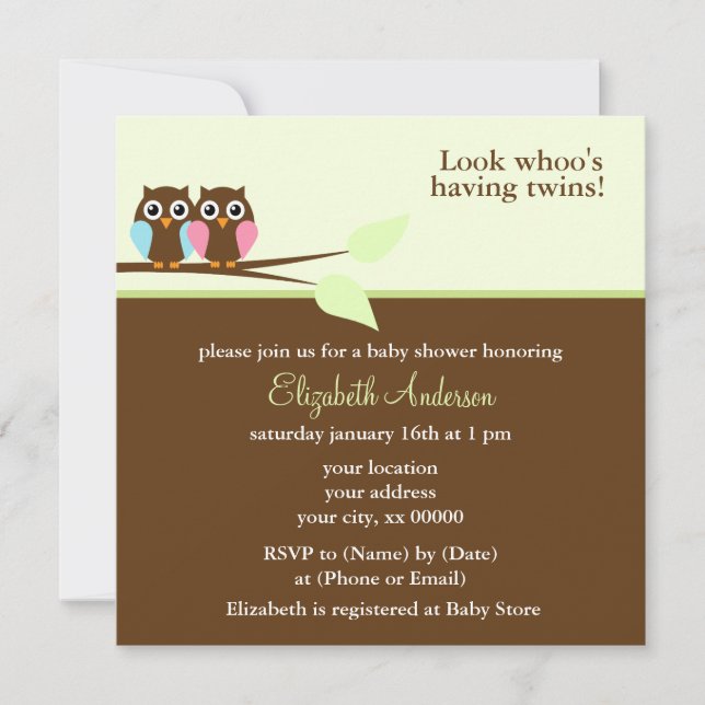 Invitation Baby shower des Chouettes roses et bleues (Devant)