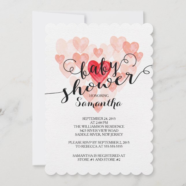 Invitation Baby shower des Coeurs d'aquarelle moderne Invitat (Devant)