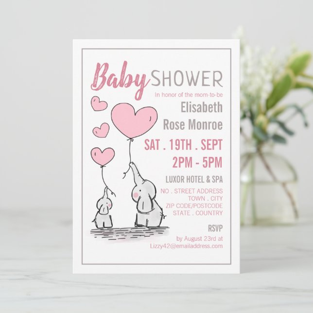 Invitation Baby shower des Coeurs Eléphants (Debout devant)
