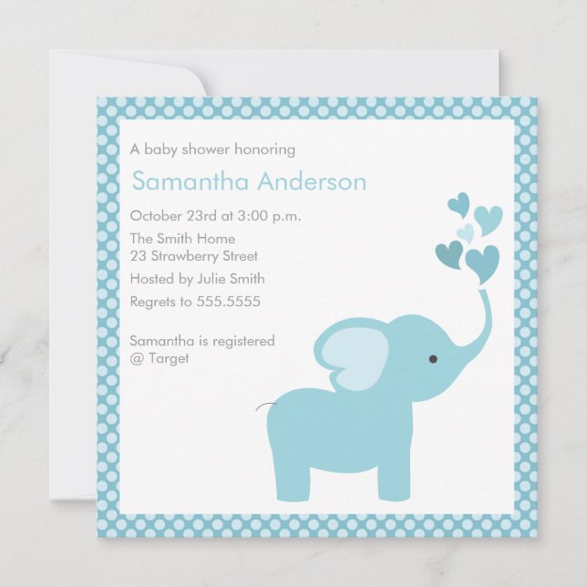 Invitation Baby shower des Coeurs Eléphants - Garç (Devant)