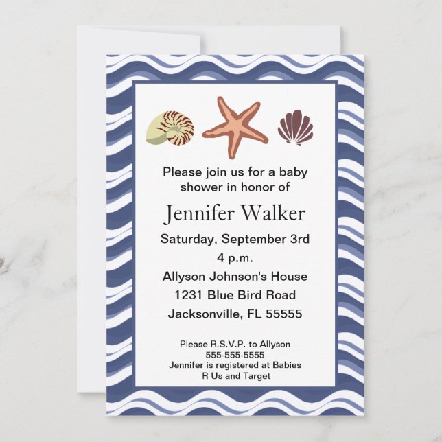 Invitation Baby shower des coquillages marins (Devant)