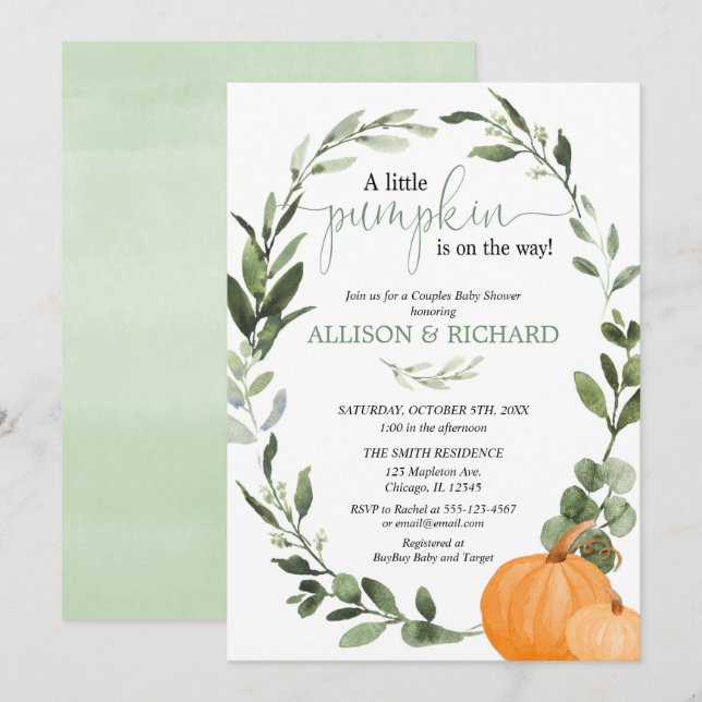 Invitation Baby shower des couples d'automne, citrouilles san (Devant / Derrière)