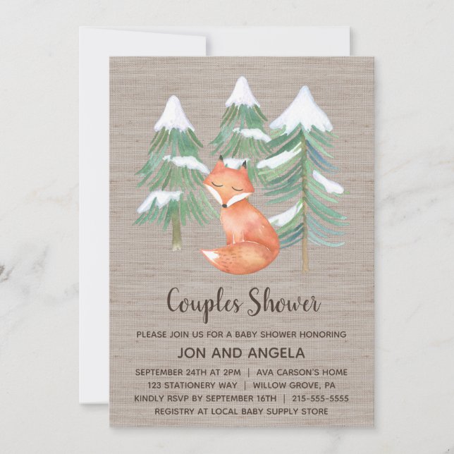 Invitation Baby shower des Couples de renard forestier d'hive (Devant)