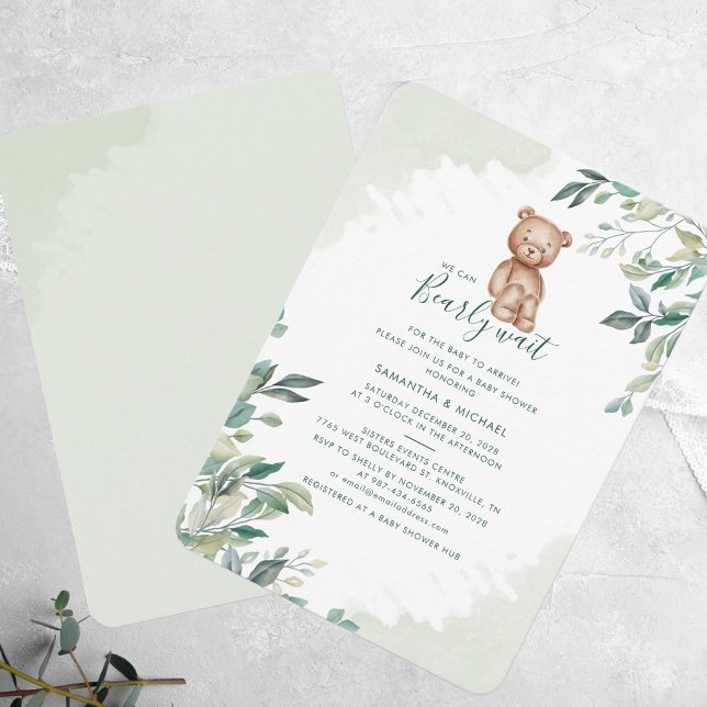 Invitation Baby shower des couples d'oreilles Eucalyptus (We Can Bearly Wait Bear Eucalyptus Baby Shower Invitation)