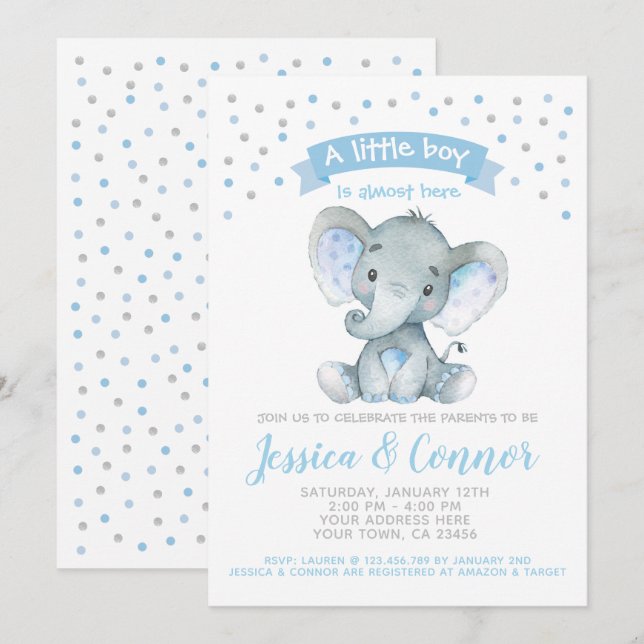 Invitation Baby shower des éléphants (Devant / Derrière)