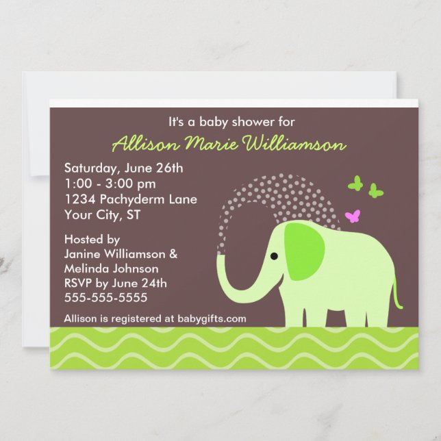 Invitation Baby shower des éléphants et des papillons (Devant)