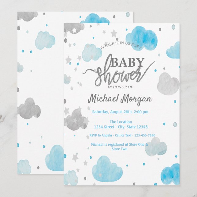 Invitation Baby shower des étoiles et nuages mignons (Devant / Derrière)