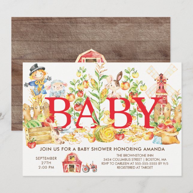 Invitation Baby shower des fermiers mignons (Devant / Derrière)