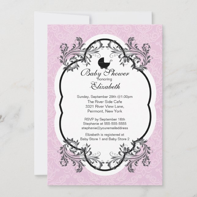 Invitation Baby shower des filles aux Damas roses  (Devant)