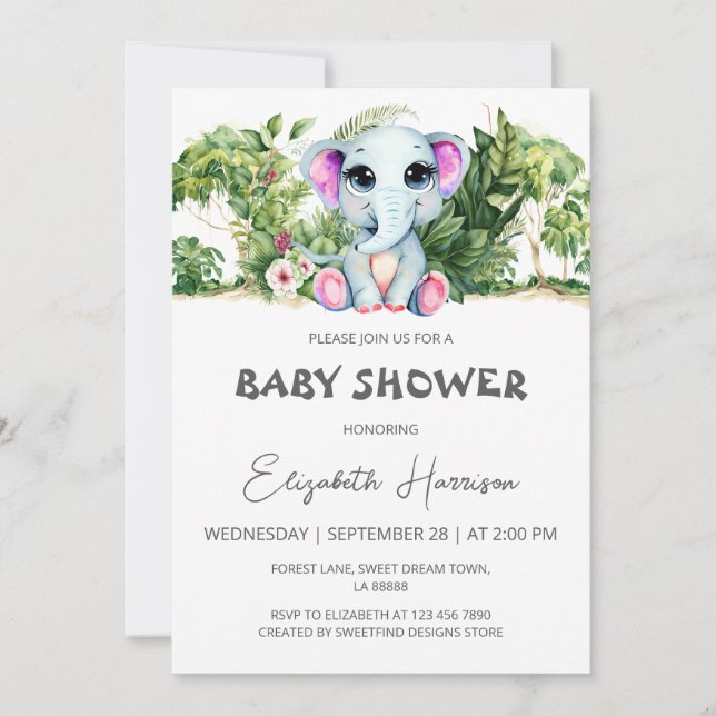 Invitation Baby shower des filles de la jungle éléphante (Devant)
