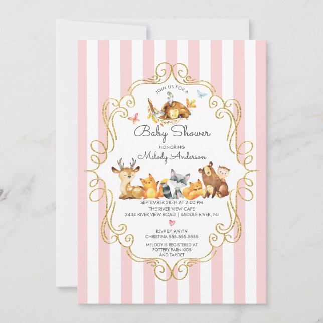 Invitation Baby shower des filles des animaux de bois (Devant)