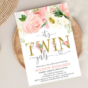Invitation Baby shower des filles jumelles à fleurs rose et o